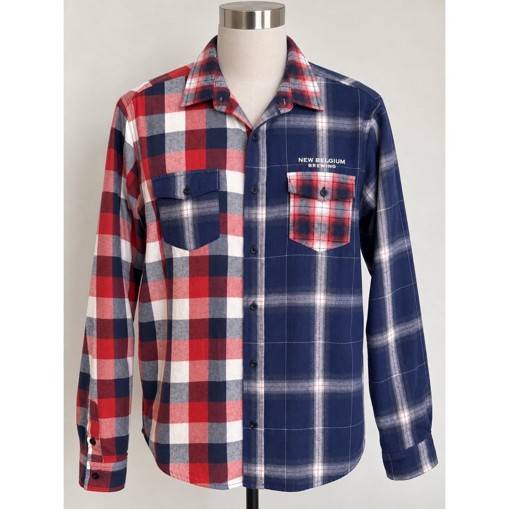 New Belgium Brewing Mens XXL Split Plaid Flannel Shirt Colorblock Red Blue